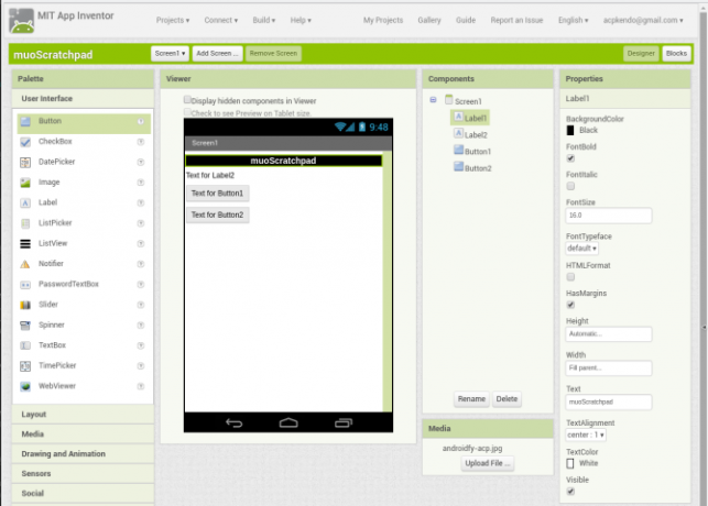 android alkalmazás létrehozása appinventor screen1 labelconfig