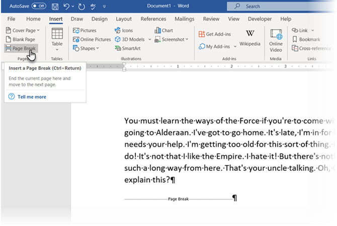 Microsoft Word az Oldalszünet gombbal