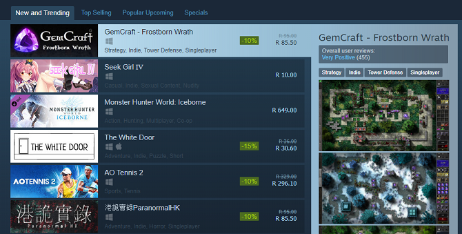Steam Store játékok változatossága