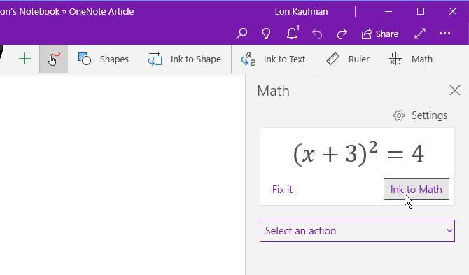 Kattintson a Rajz fülön a Tinta matematika elemre