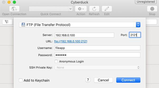 Csatlakozás a FileApphoz a CyberDuck alkalmazásban