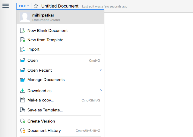 Zoho-író-file-menü
