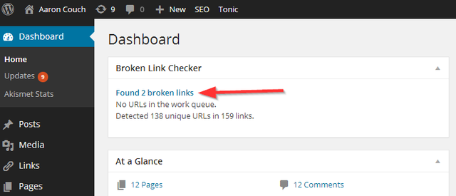 Broken Link Checker műszerfal-widget