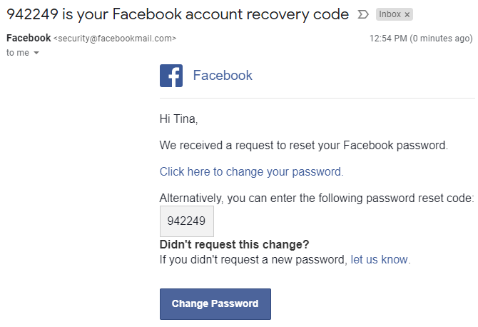 Facebook fiók helyreállítási kód e-mail