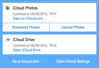 iCloud Vezérlőpult állapot képernyőképe