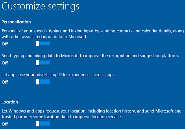A Windows 10 testreszabhatja a telepítés személyre szabását és a hely beállításait