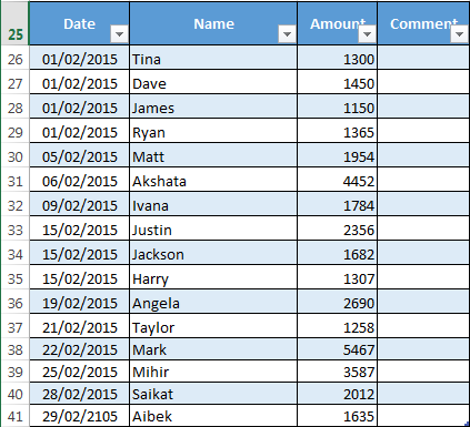 Excel DateAmount táblázat