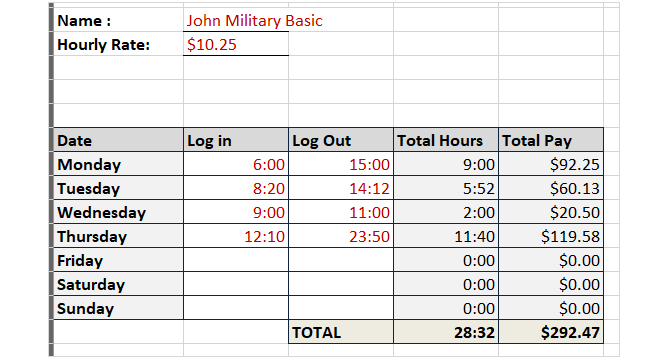 munkaidő-sablon nyomon órák katonai idő nem szünetek excel