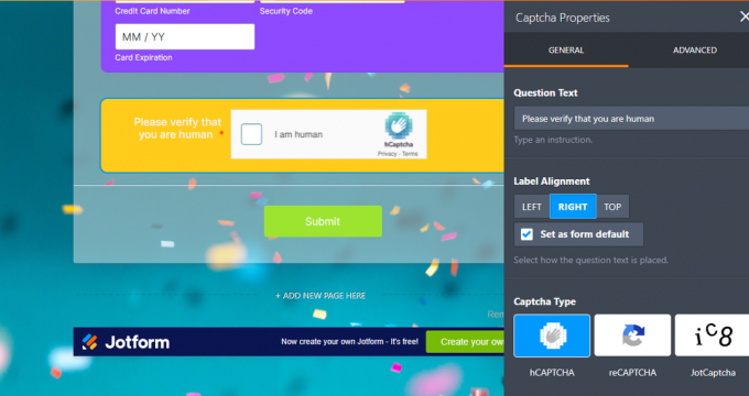 Jotform Captcha képernyőkép
