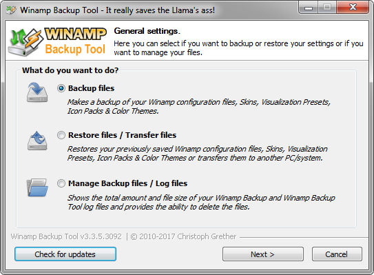 Hogyan készítsünk egyszerű biztonsági másolatot a Winamp konfigurációjáról Winamp Backup Tool