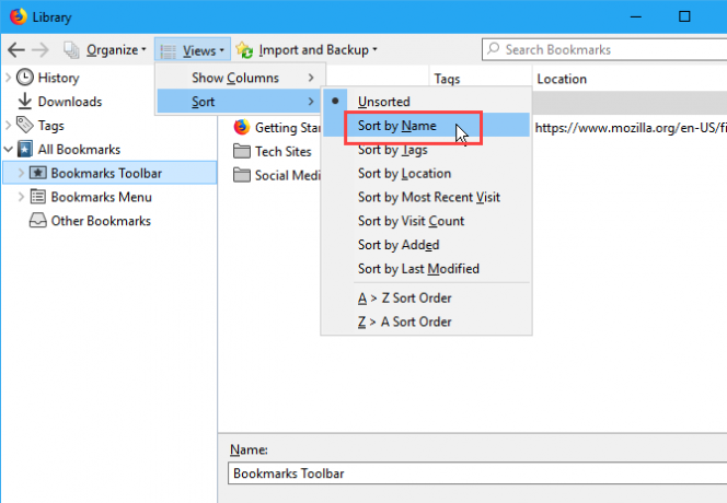 A könyvjelzőket név szerint rendezheti a Firefox könyvtár párbeszédpanelen