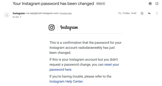 Instagram jelszó megváltozott e-mail