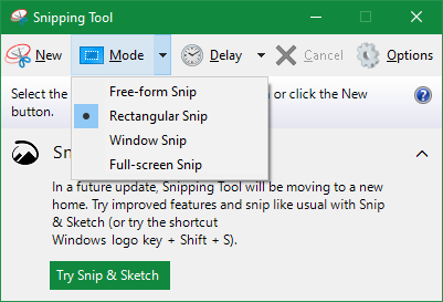 A Windows Snipping Tool kezdőlapja